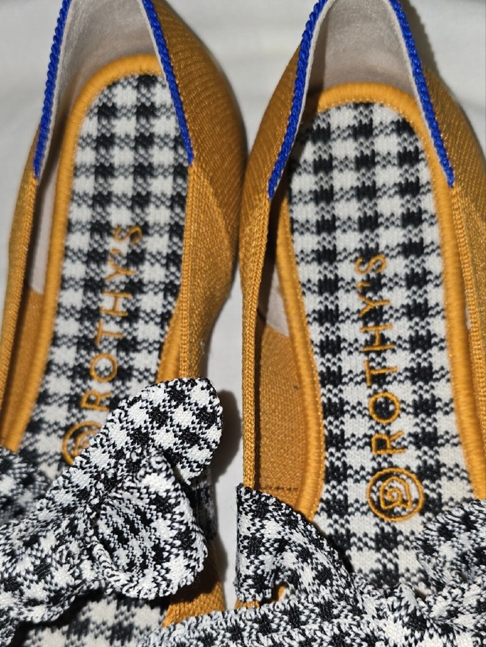 Women’s RothyMustard Yellow Pointed Toe Flats with Black & White Houndstooth Bow - Picture 3 of 6